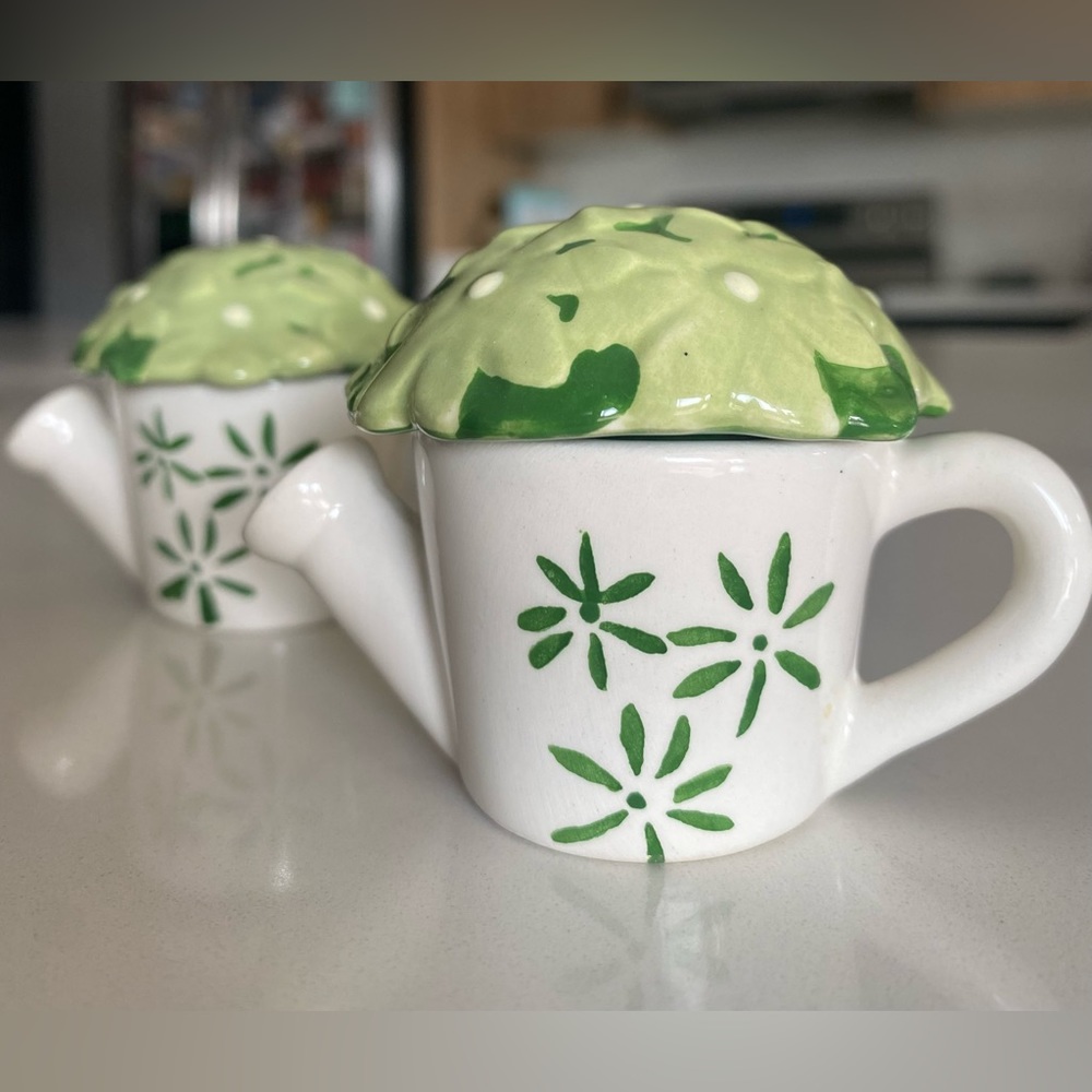 VTG 60s 70s Green & White Floral Watering Cans Figural Salt & Pepper Shakers (2)
